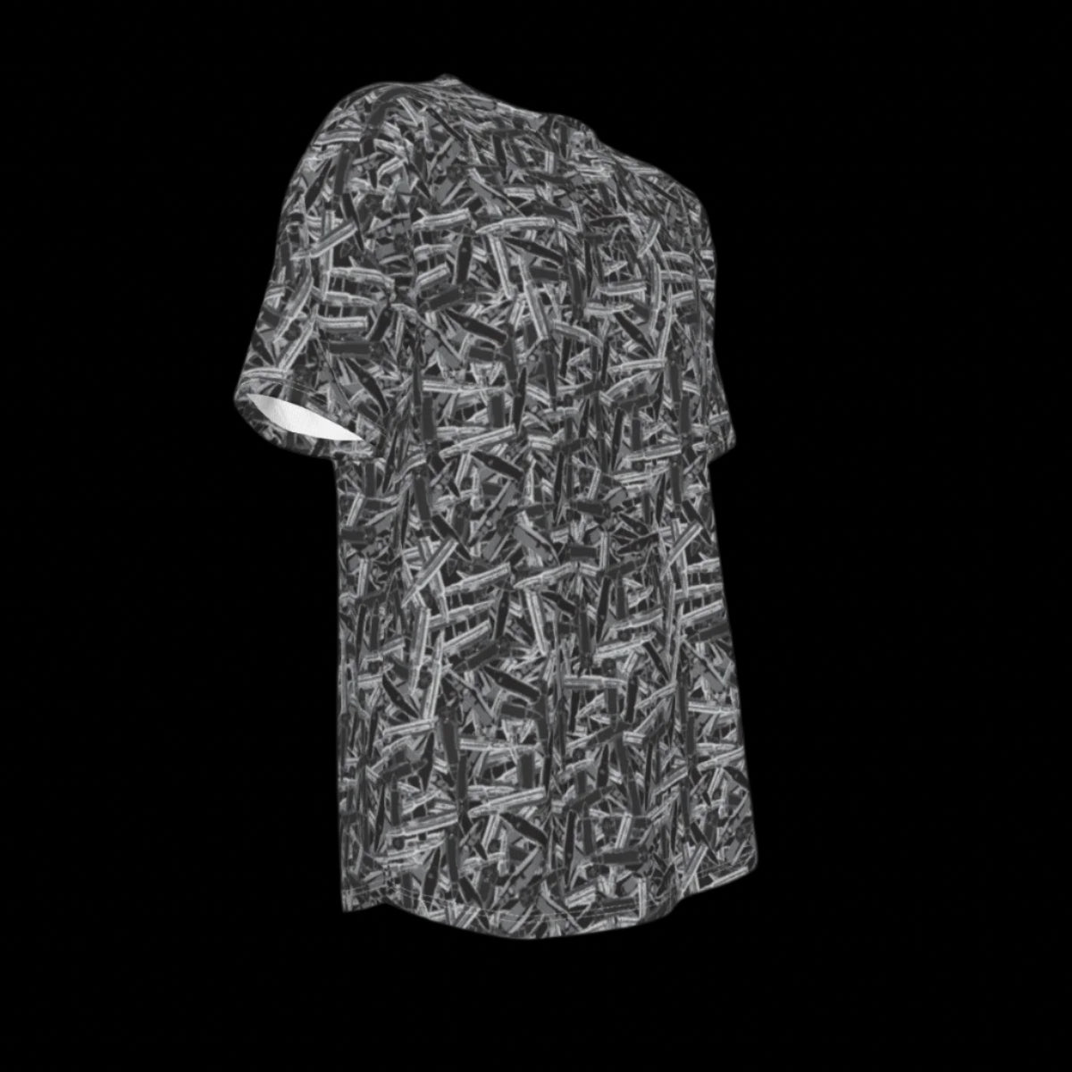 Right side of black and white patterned t-shirt on a black background
