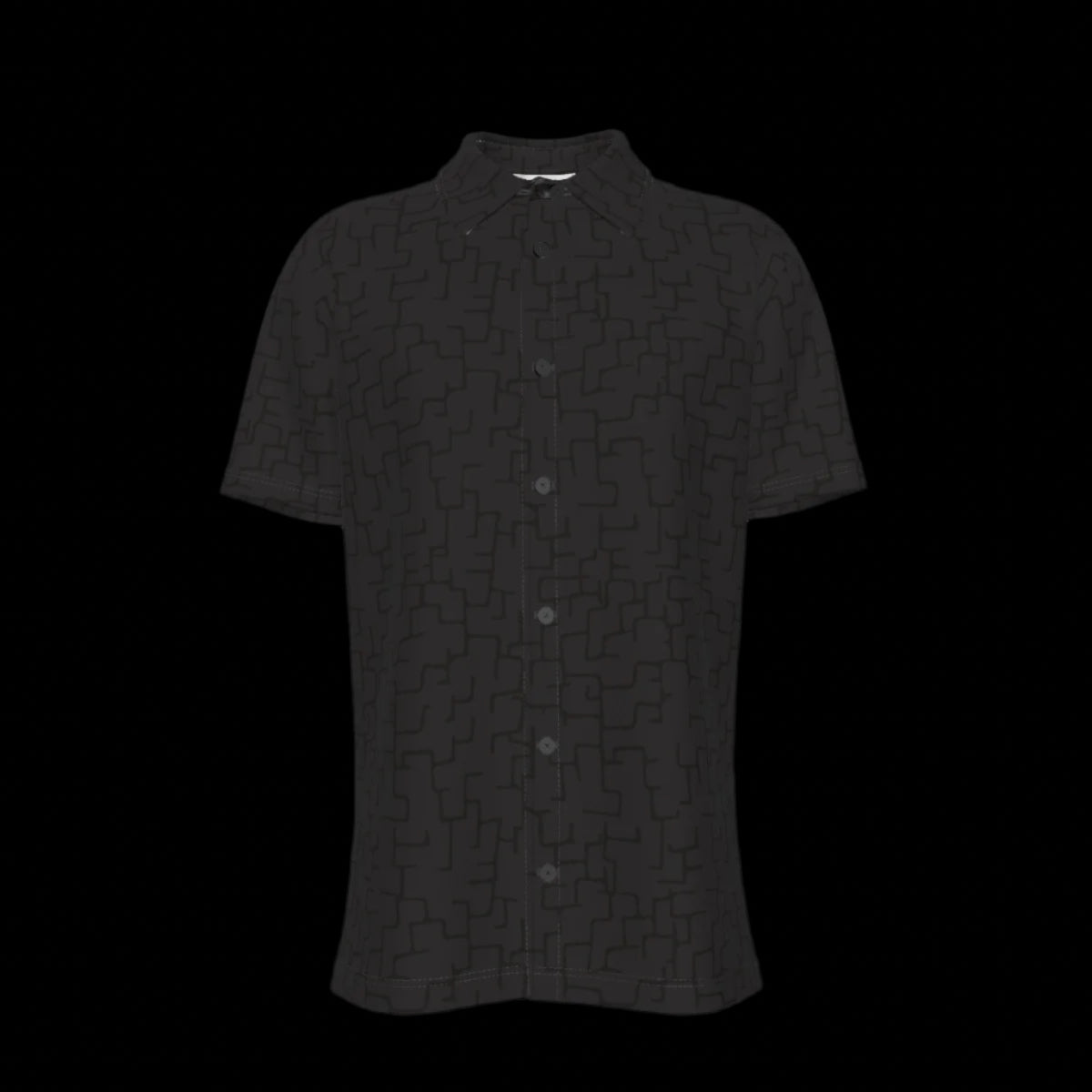 Front of black short-sleeve button-down shirt with a subtle pattern on a black background