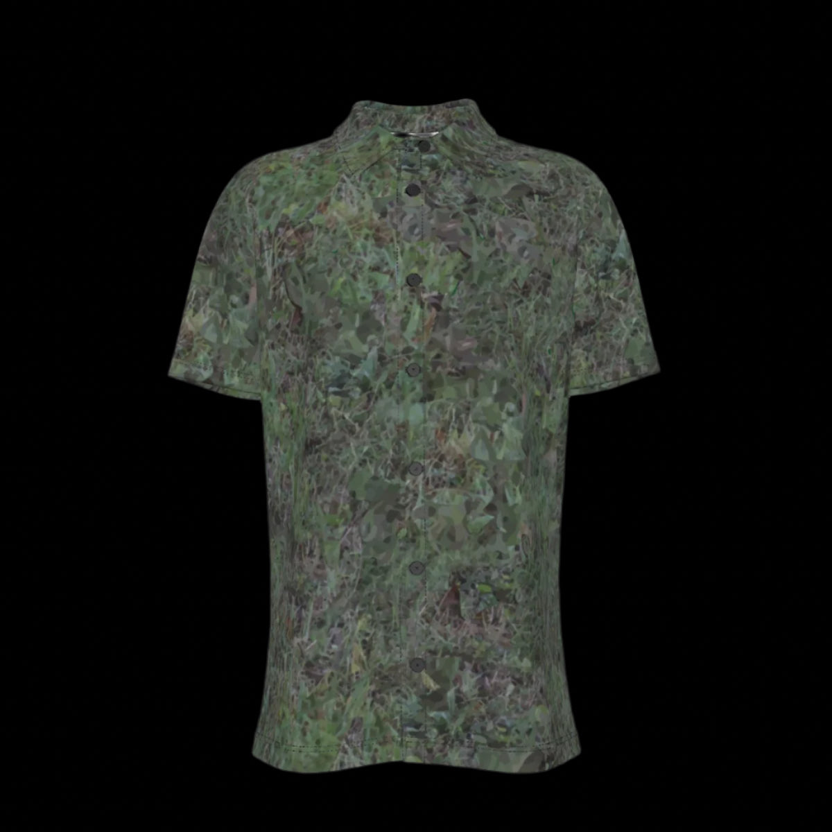 Front of green camouflage patterned shirt on a black background