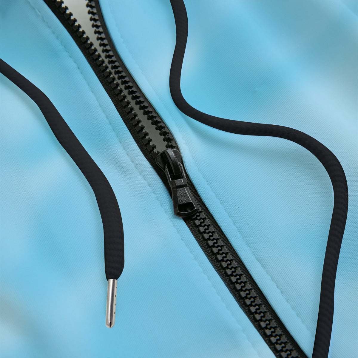 Front detail of blue hoodie with black drawstrings