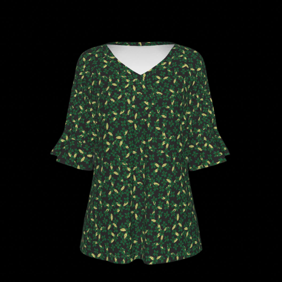 Front of green patterned blouse on a black background