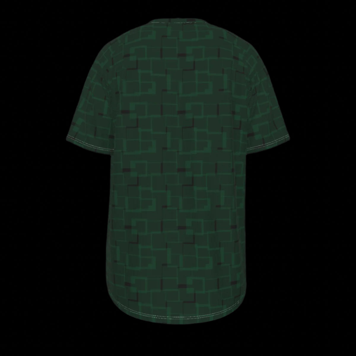 Back of green t-shirt with geometric pattern on a black background