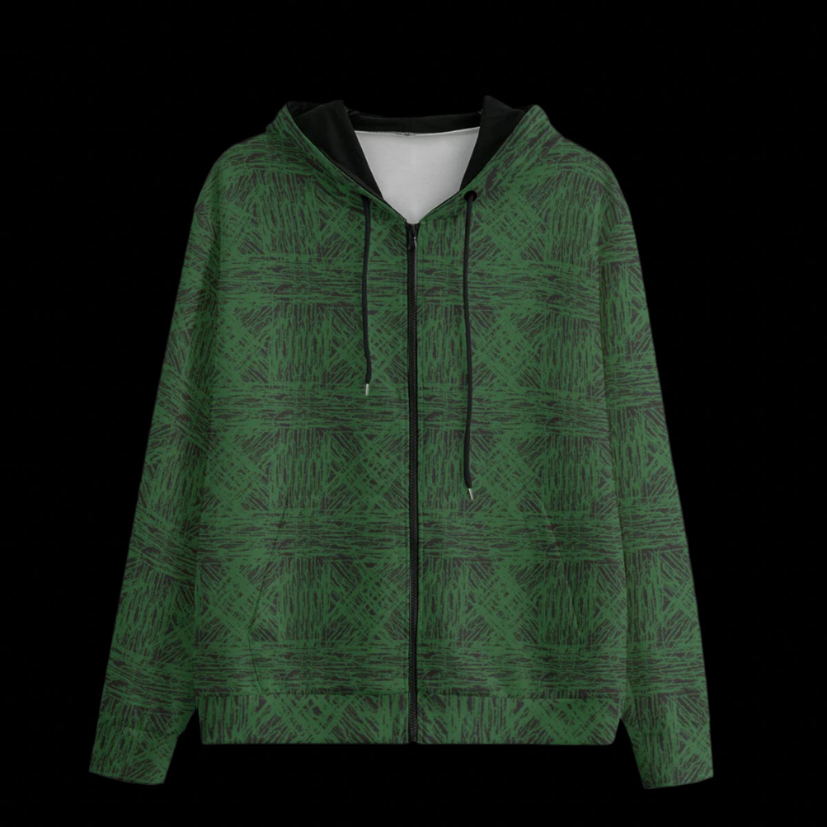 Front of a green patterned hoodie on a black background