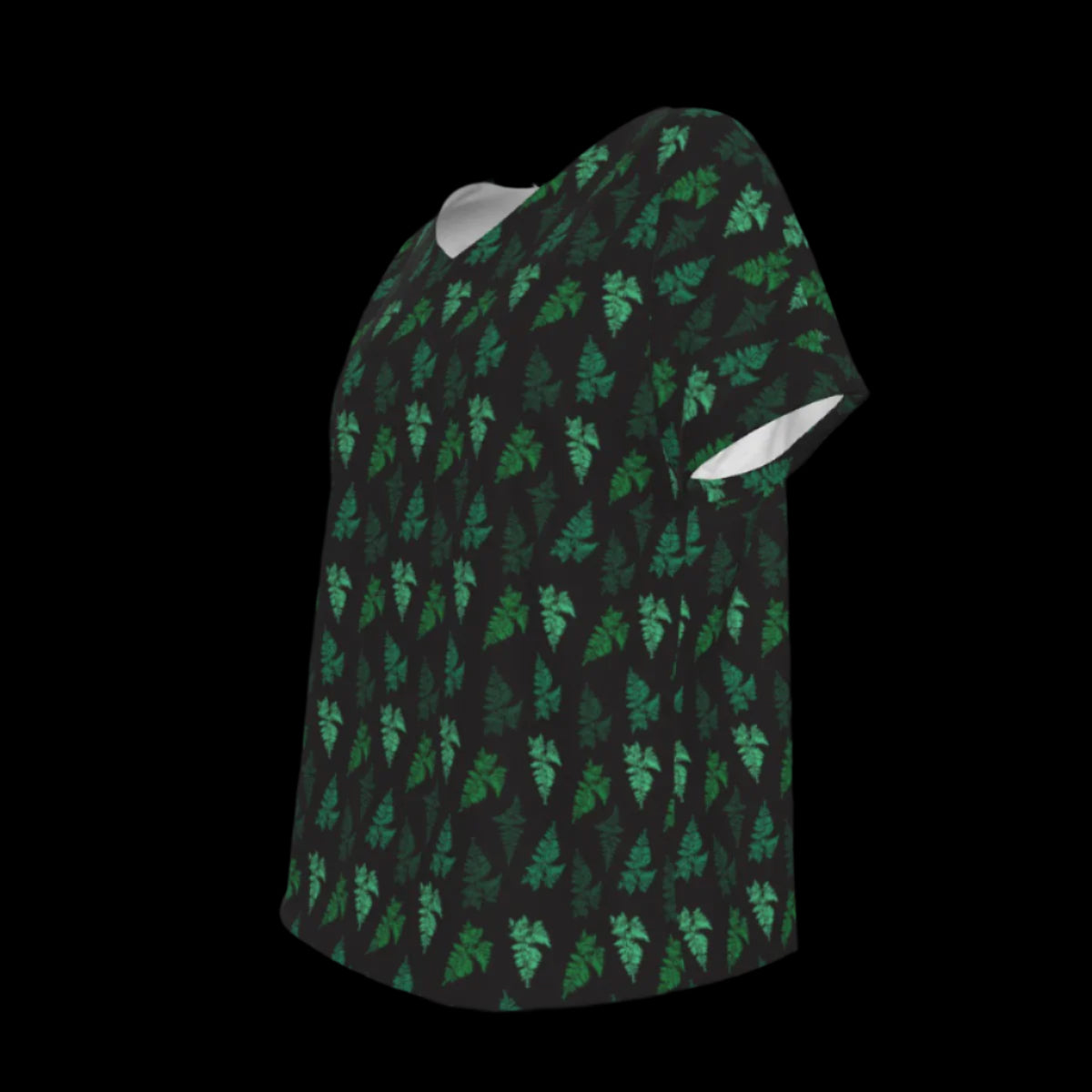 Left of green leaf patterned shirt on a black background