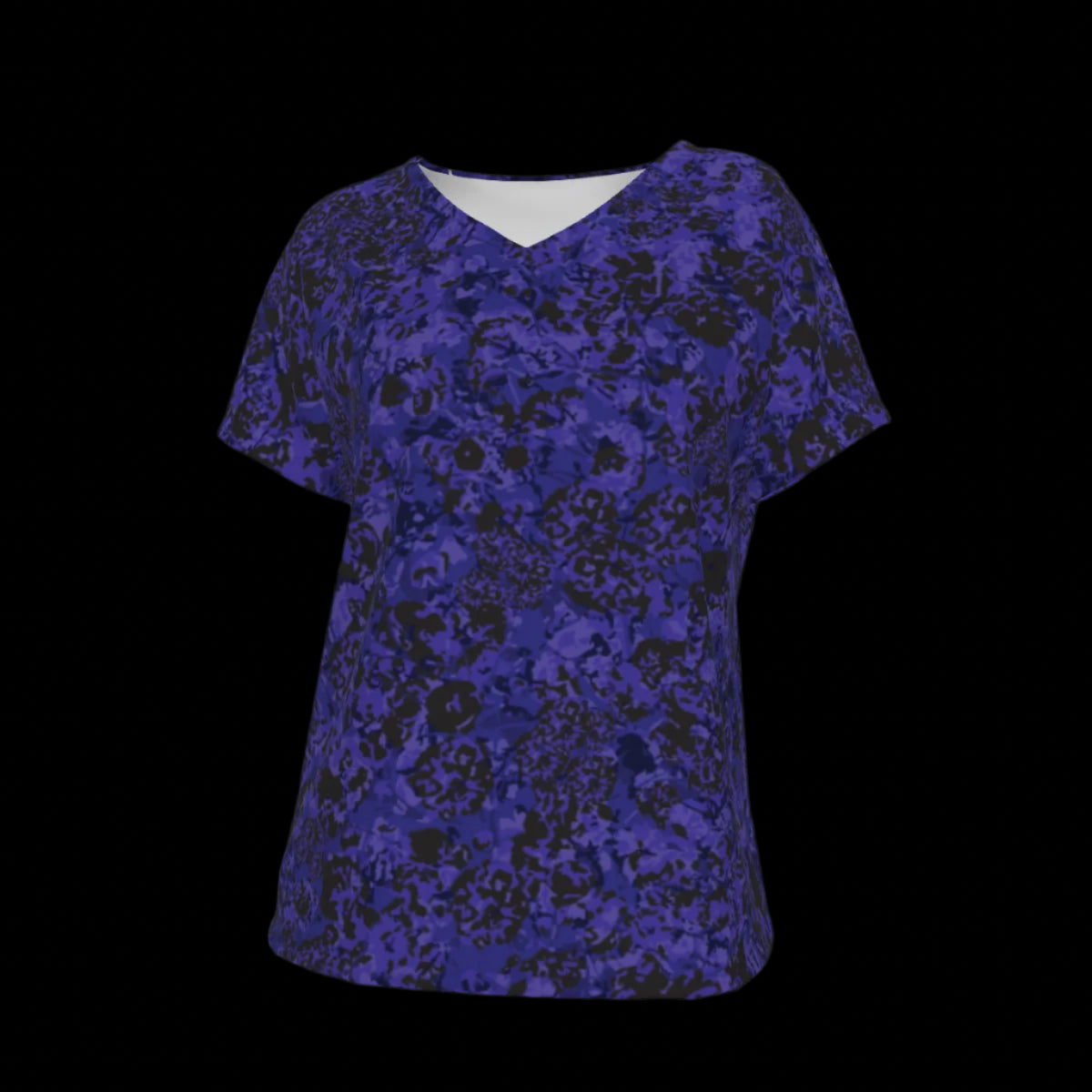 Front of blue patterned V-Neck T-shirt on a black background