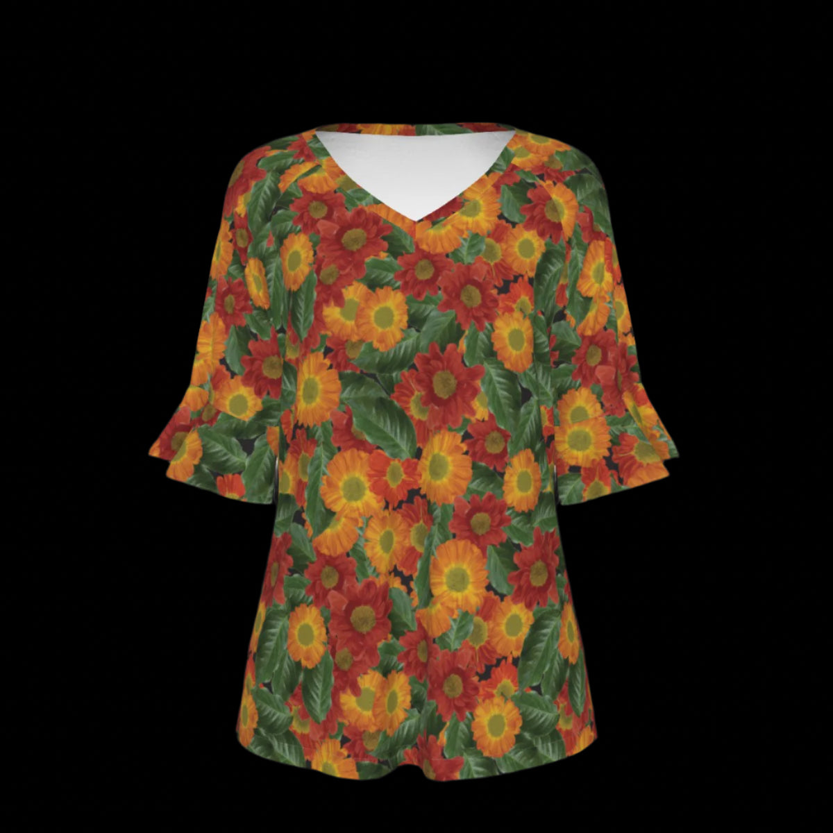 Front of floral patterned top with red, orange, and green colors on a black background