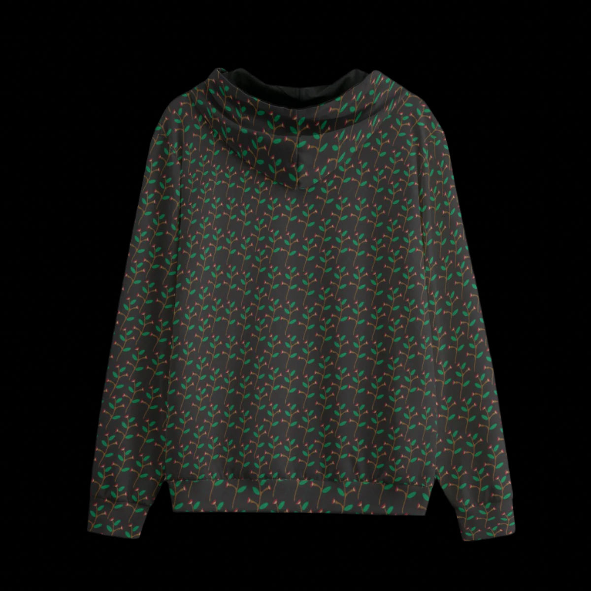 Back of hoodie with a dark leaf pattern on a black background