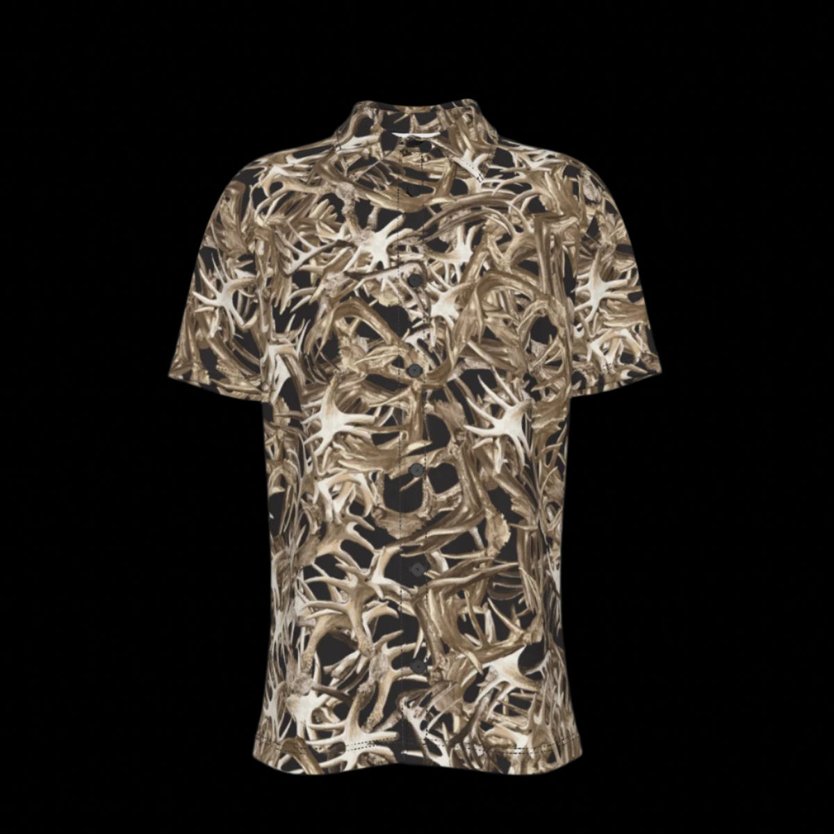 Front of camouflage-patterned button-down shirt on a black background