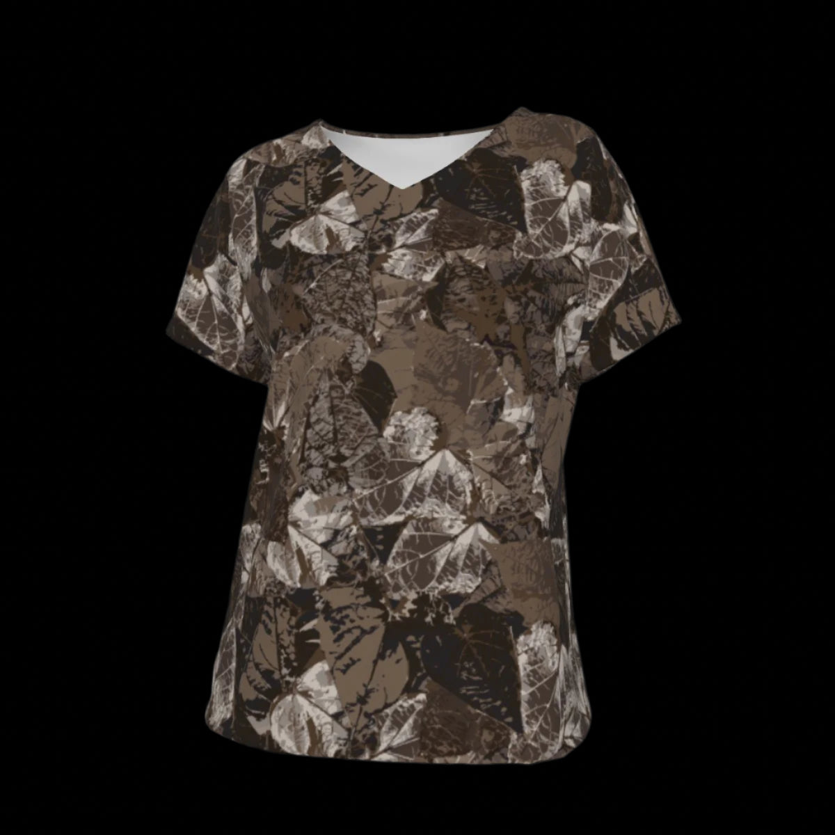 Front of brown and beige patterned V-Neck T-shirt on a black background