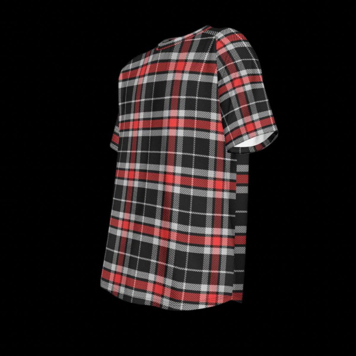 Left side of plaid shirt with red, black, and white pattern on a black background
