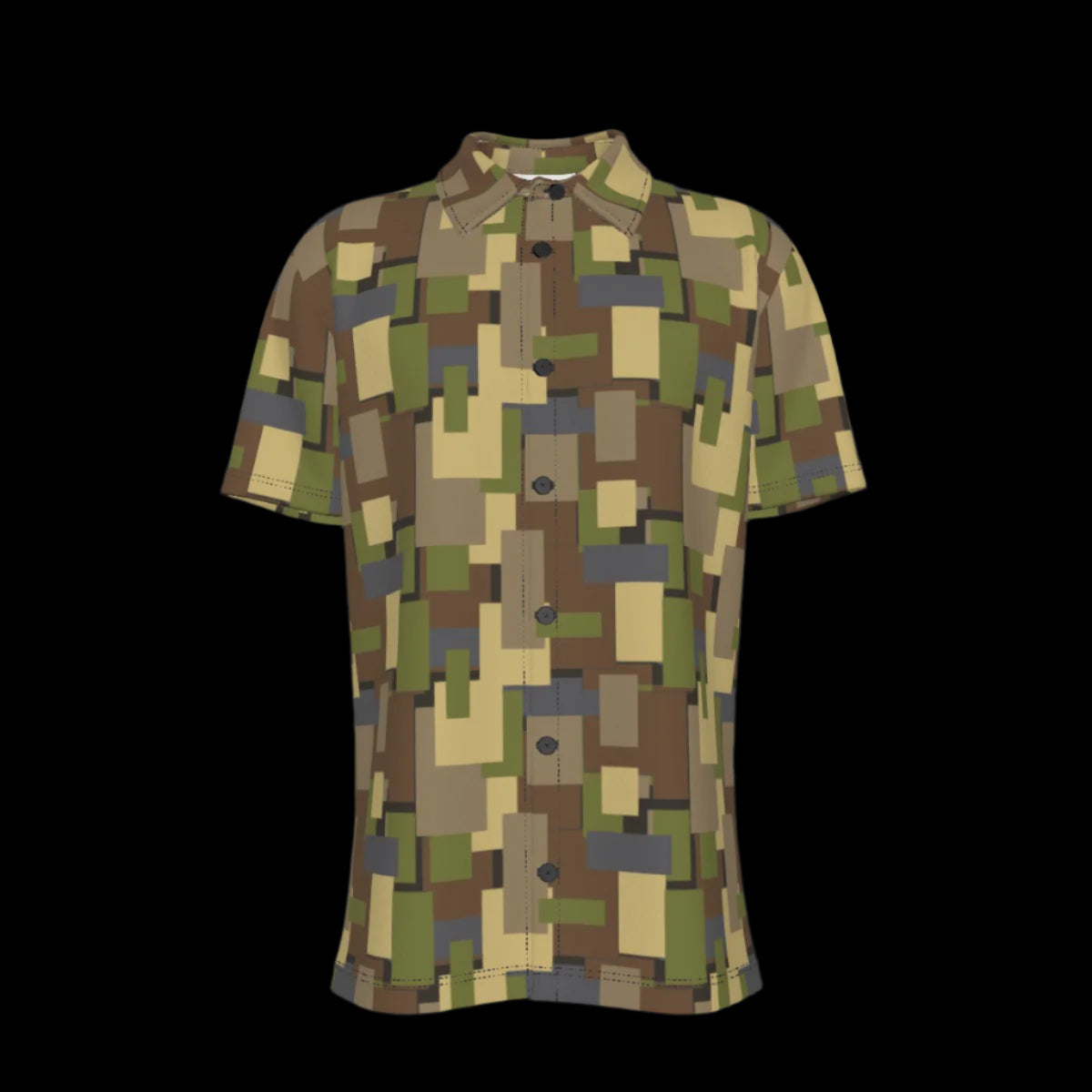 Front of short-sleeve button down short sleeve shirt with a geometric pattern on a black background