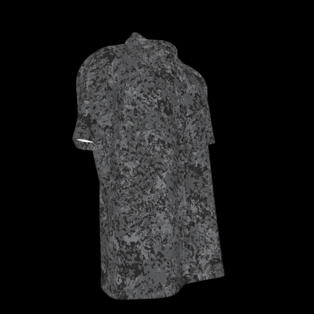 Right side of black and gray camouflage patterned button-down shirt on a black background