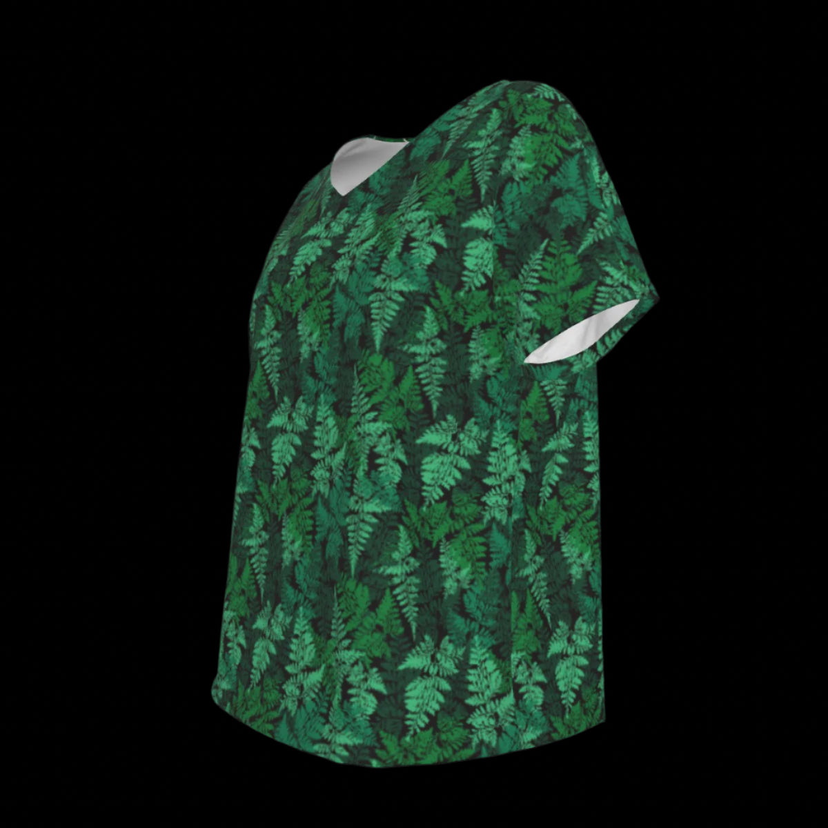 Left side of green leaf-patterned V-Neck T-shirt on a black background