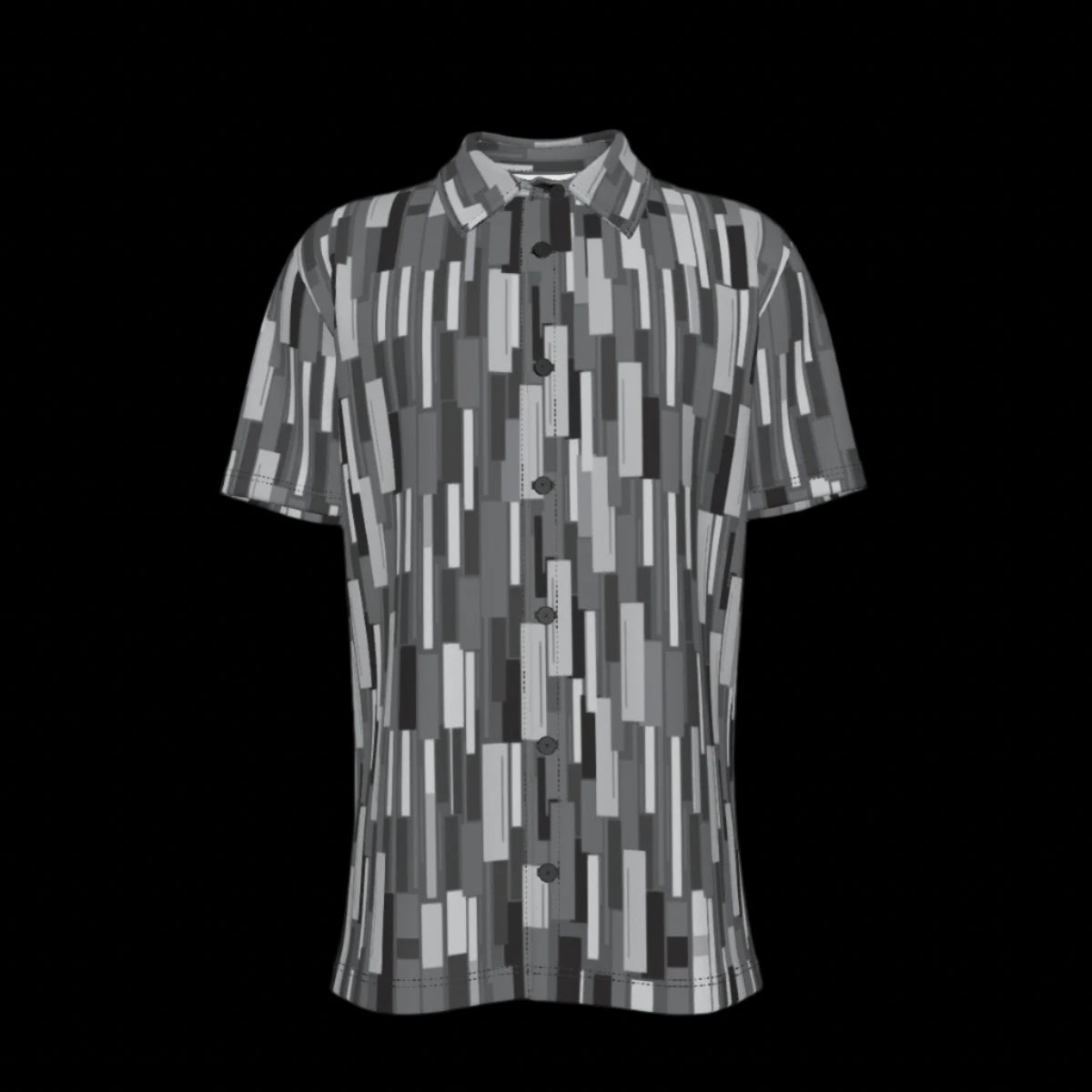 Front of short-sleeve shirt with geometric pattern on a black background