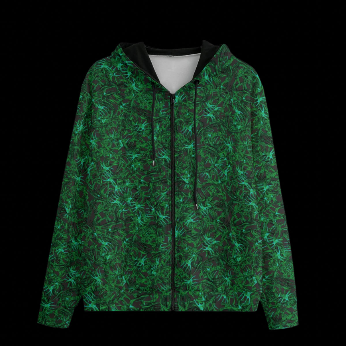 Front of Black zipper camouflage hoodie on a black background