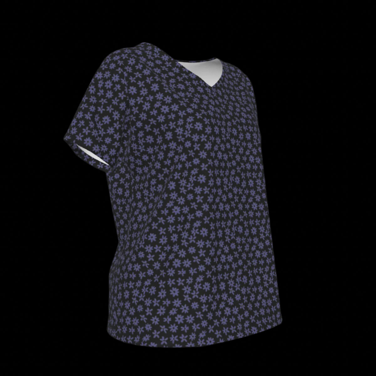 Right side of navy blue patterned V-Neck blouse on a black background