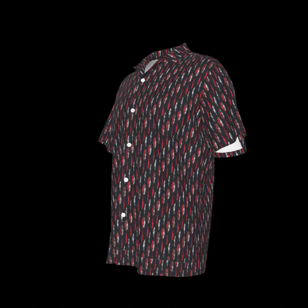 Left side of a men's Hawaiian shirt with an all-over geometric print in red and black, featuring a button-up front and a collar on a black background