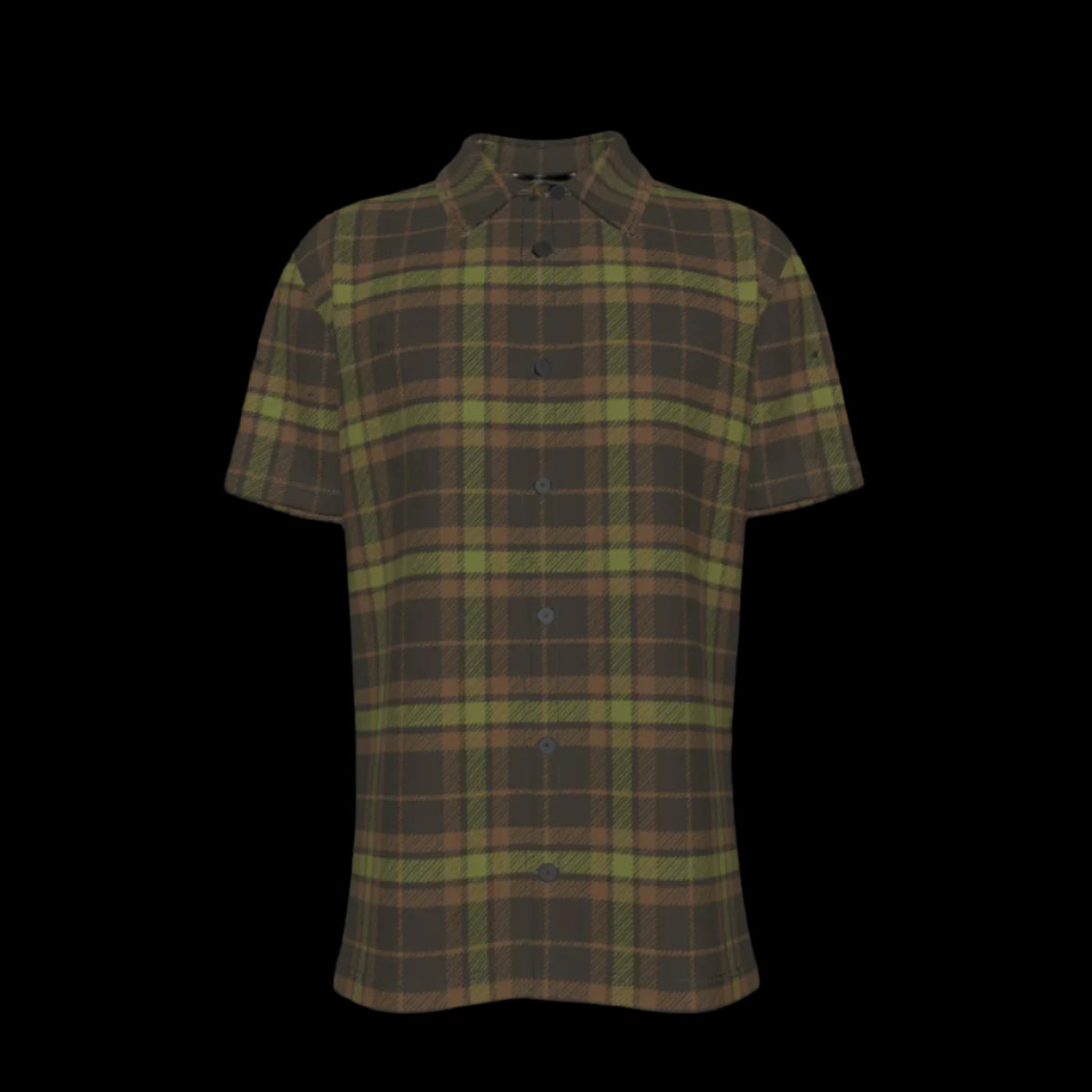 Gront of green and brown plaid shirt on a black background