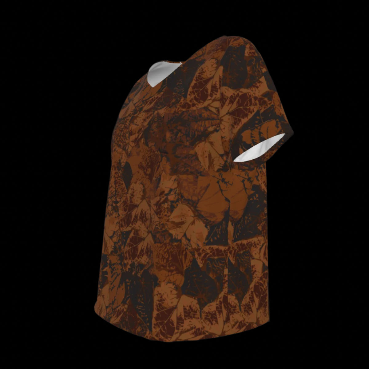 Left side of brown patterned V-Neck T-shirt on a black background