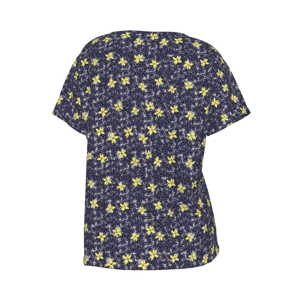 All-Over Women's V-Neck Short Sleeve T-shirt / Blue Yellow Floral Bouquet Design