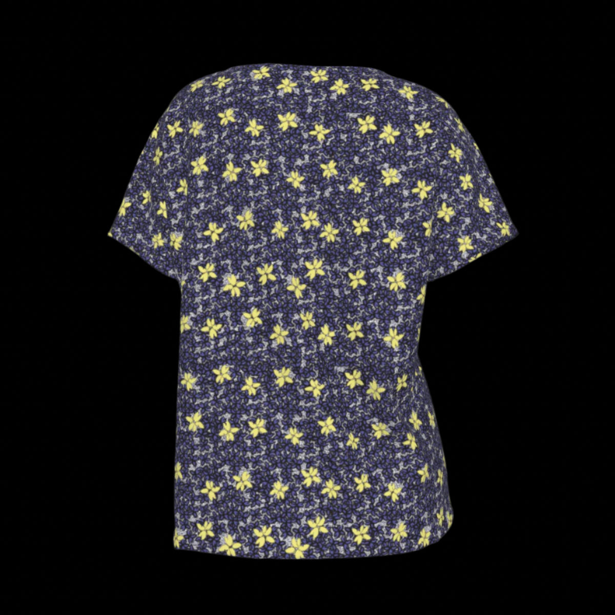 Back of navy blue V-Neck t-shirt with yellow floral pattern on a black background