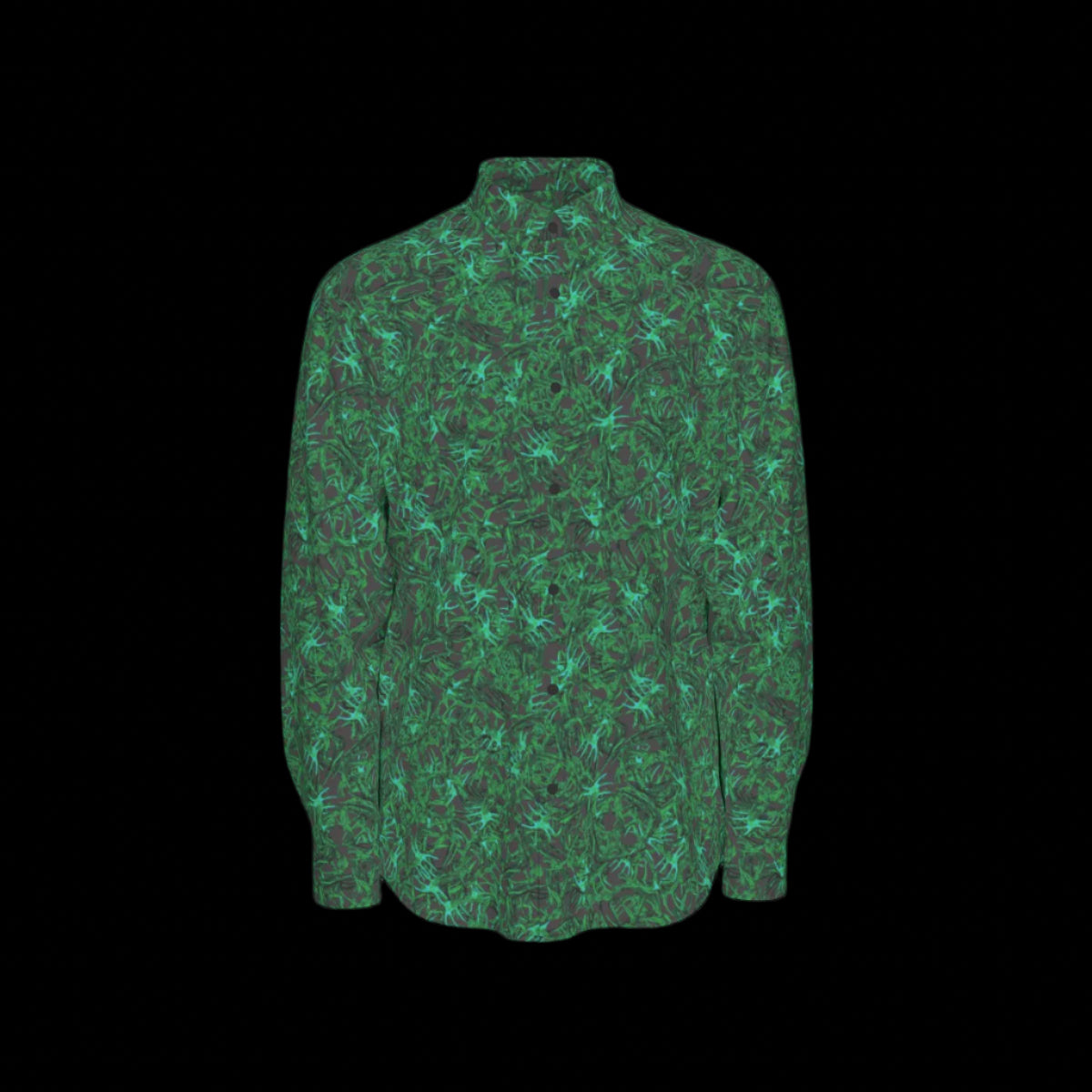 Front of a green patterned long sleeve shirt on a black background