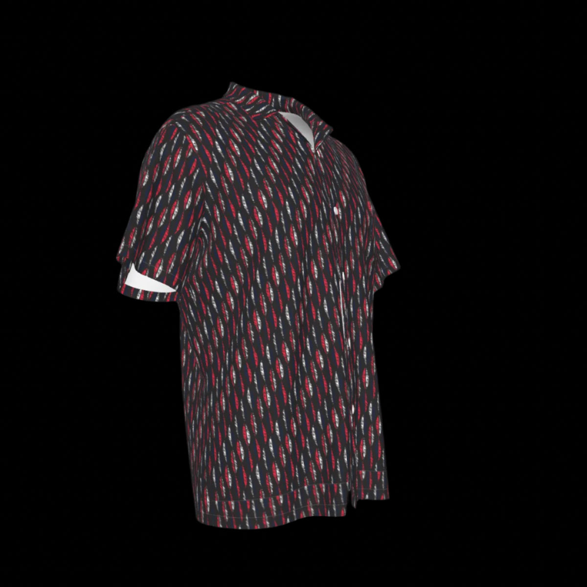Right side of a men's Hawaiian shirt with an all-over geometric print in red and black, featuring a button-up front and a collar on a black background