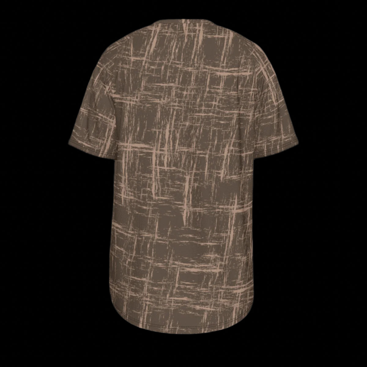 Back of brown patterned t-shirt on a black background