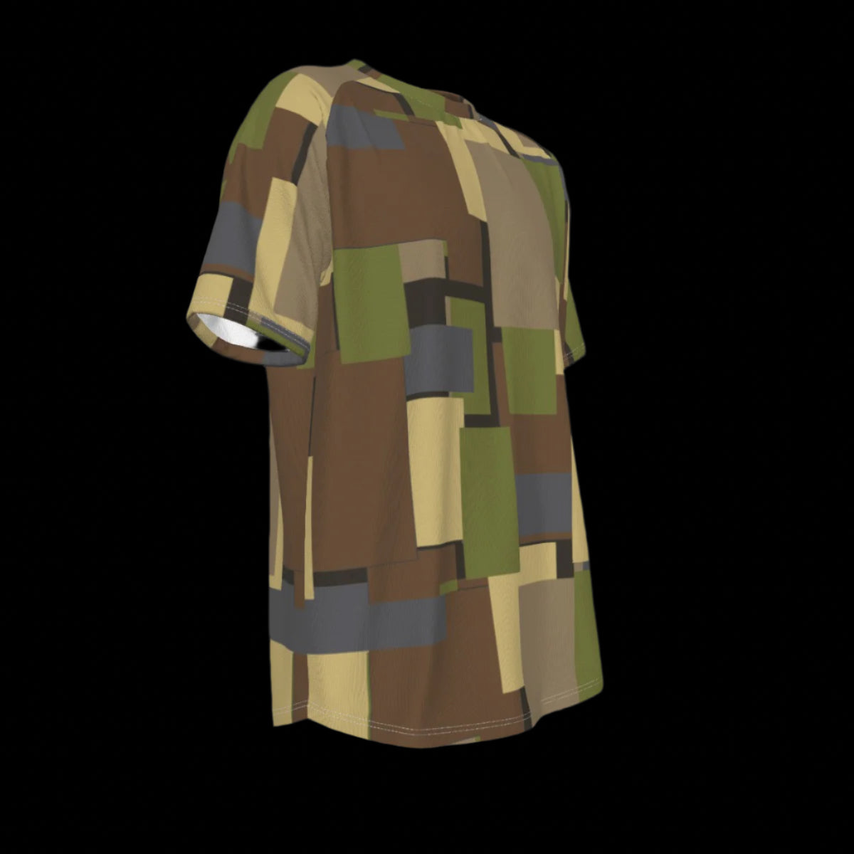 Right side of T-shirt with a geometric pattern in brown, green, and beige on a black background