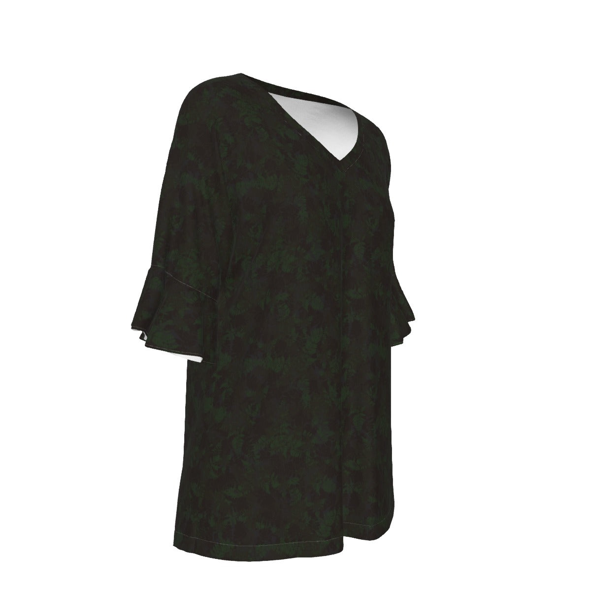 Women’s V-neck T-Shirt with Bell Sleeve / Relaxed Dark Leaf Design