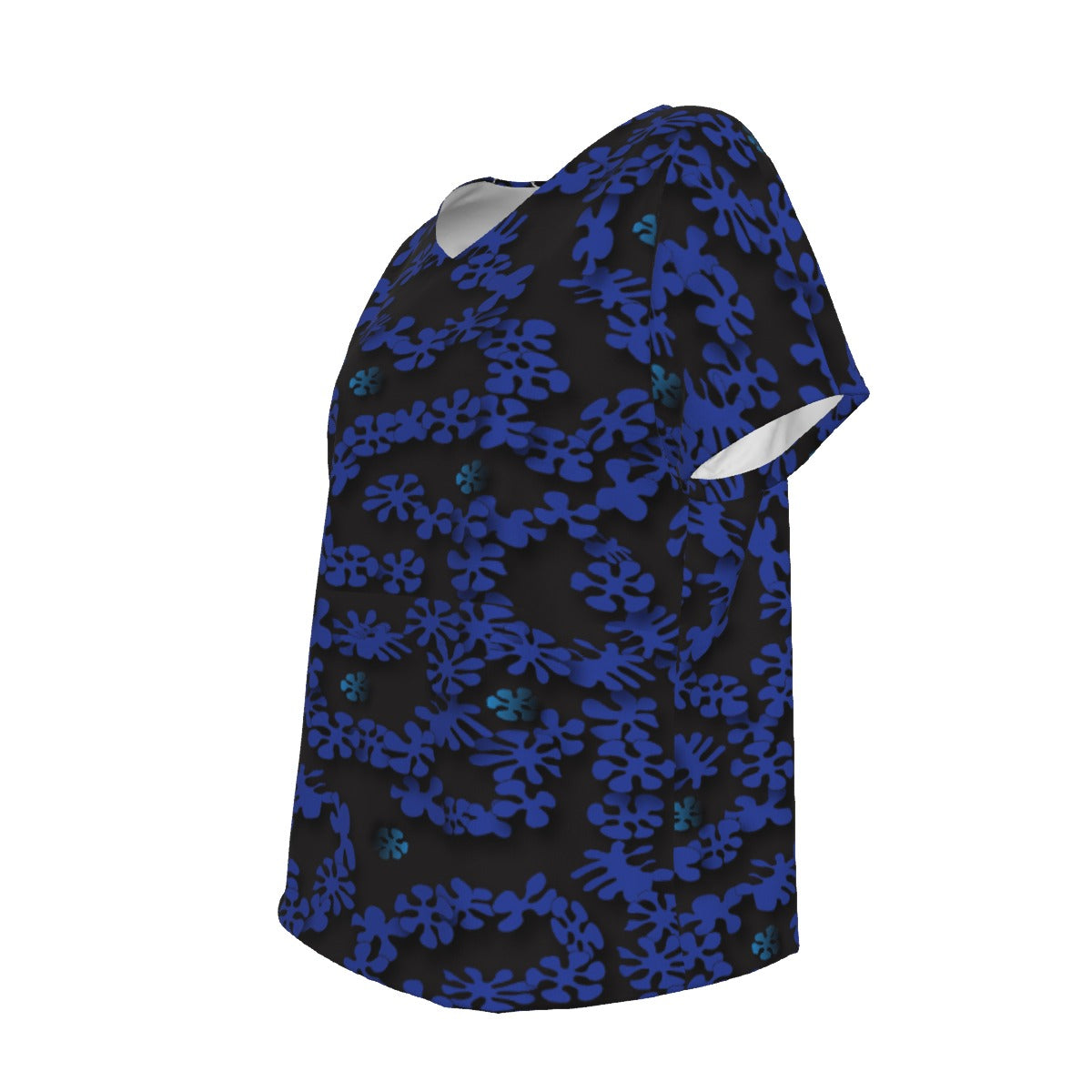 Women's V-Neck Short Sleeve T-shirt / Blue Vine with Flowers Design