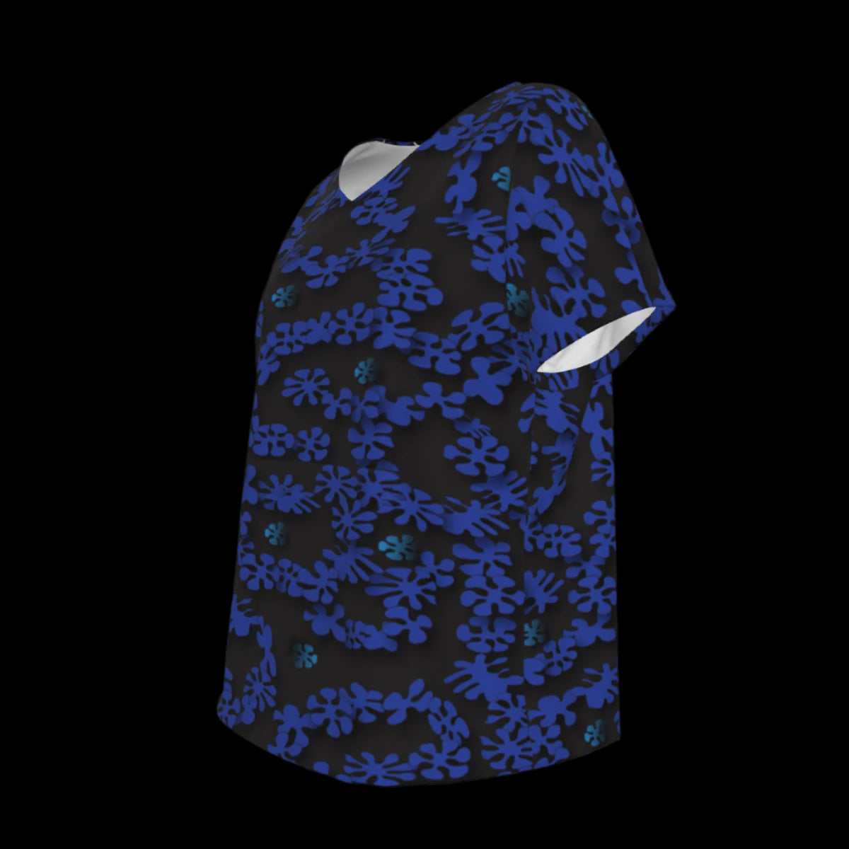 Left side of black V-Neck T-Shirt with blue floral pattern on a black background