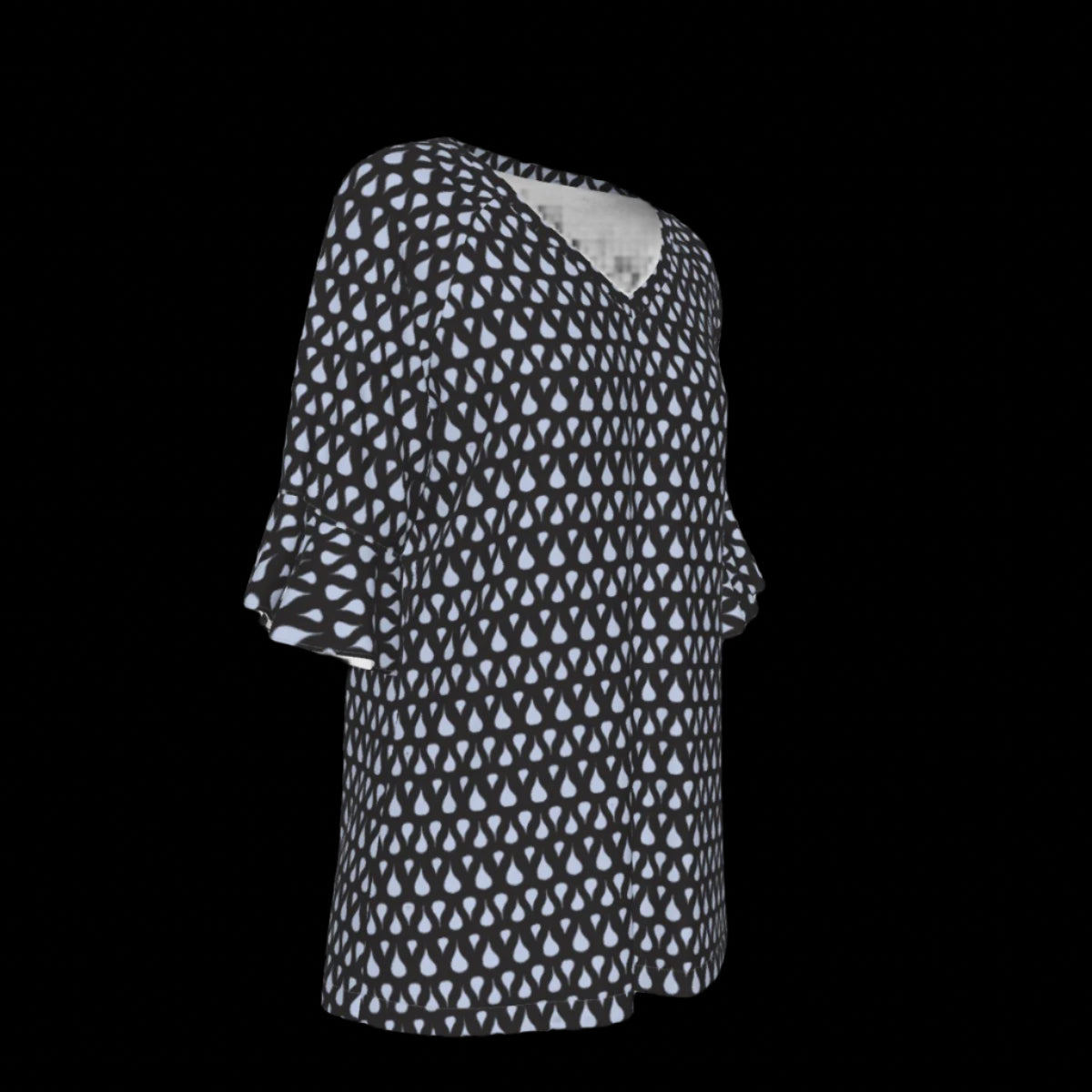 Right side of black and light blue patterned blouse on a white background