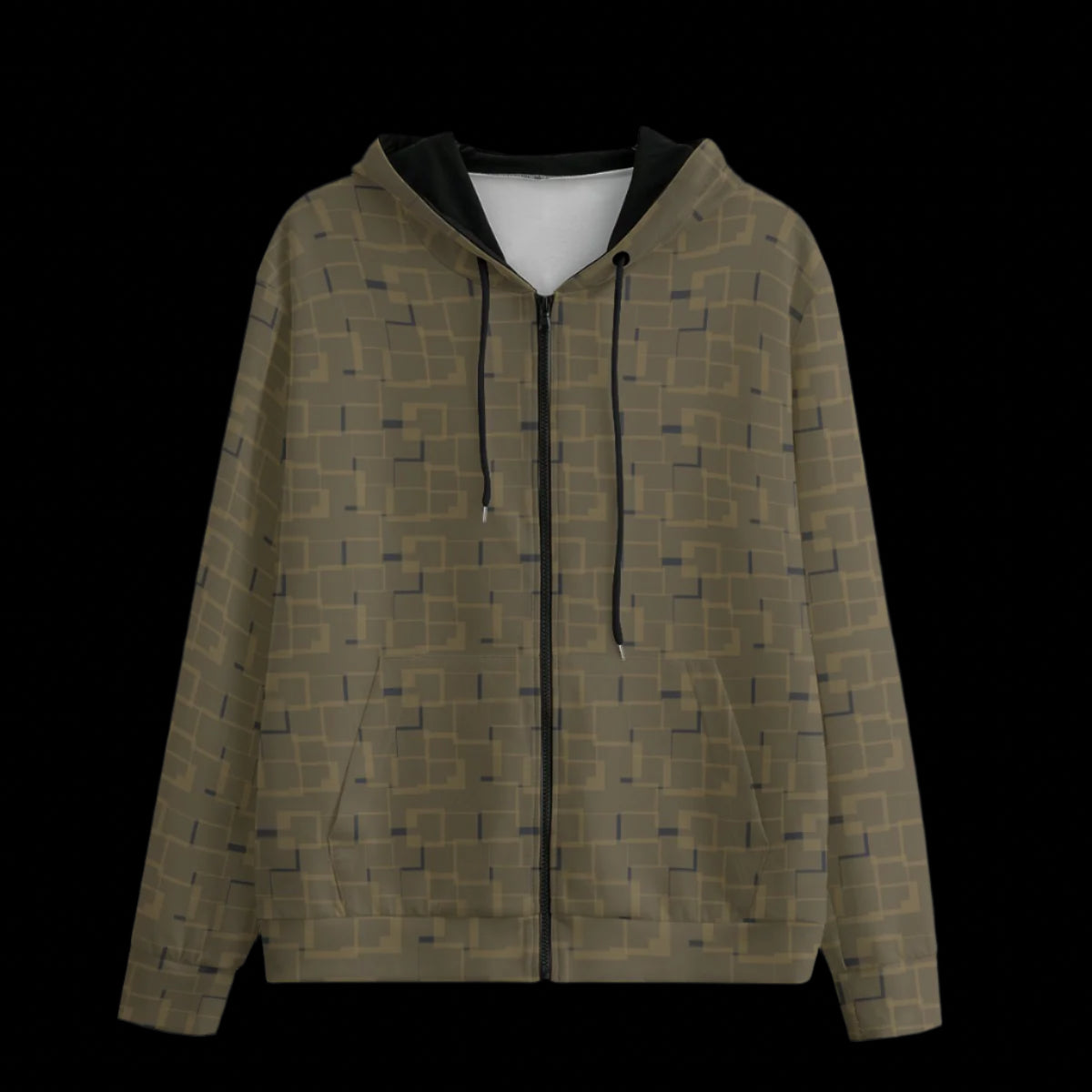 Front of hoodie with geometric pattern on a black background