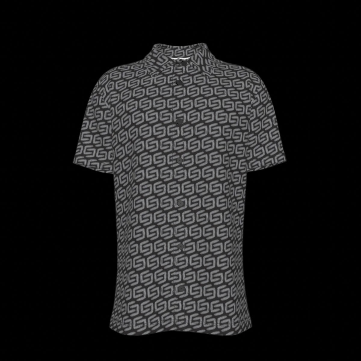 Front of a button down short-sleeve shirt with geometric pattern on a black background