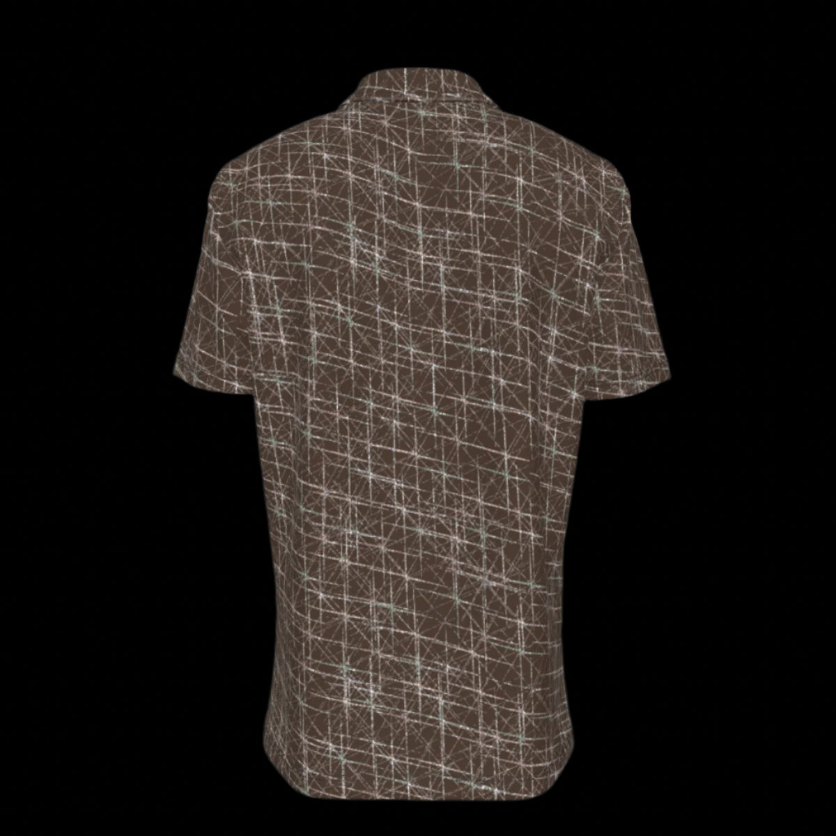 Back of brown patterned button down short sleeve shirt on a black background
