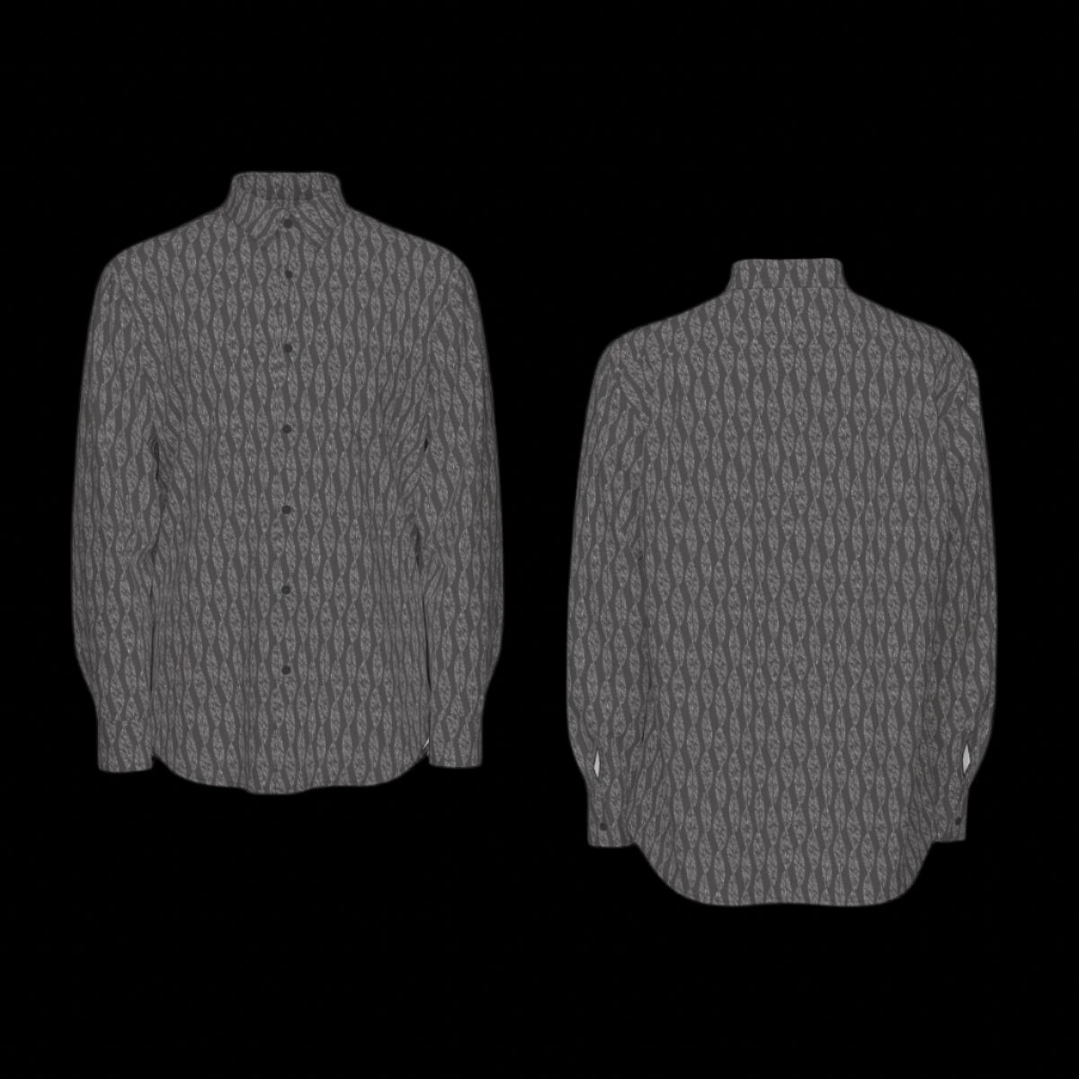 Front and back of a long sleeve gray patterned shirt on a black background