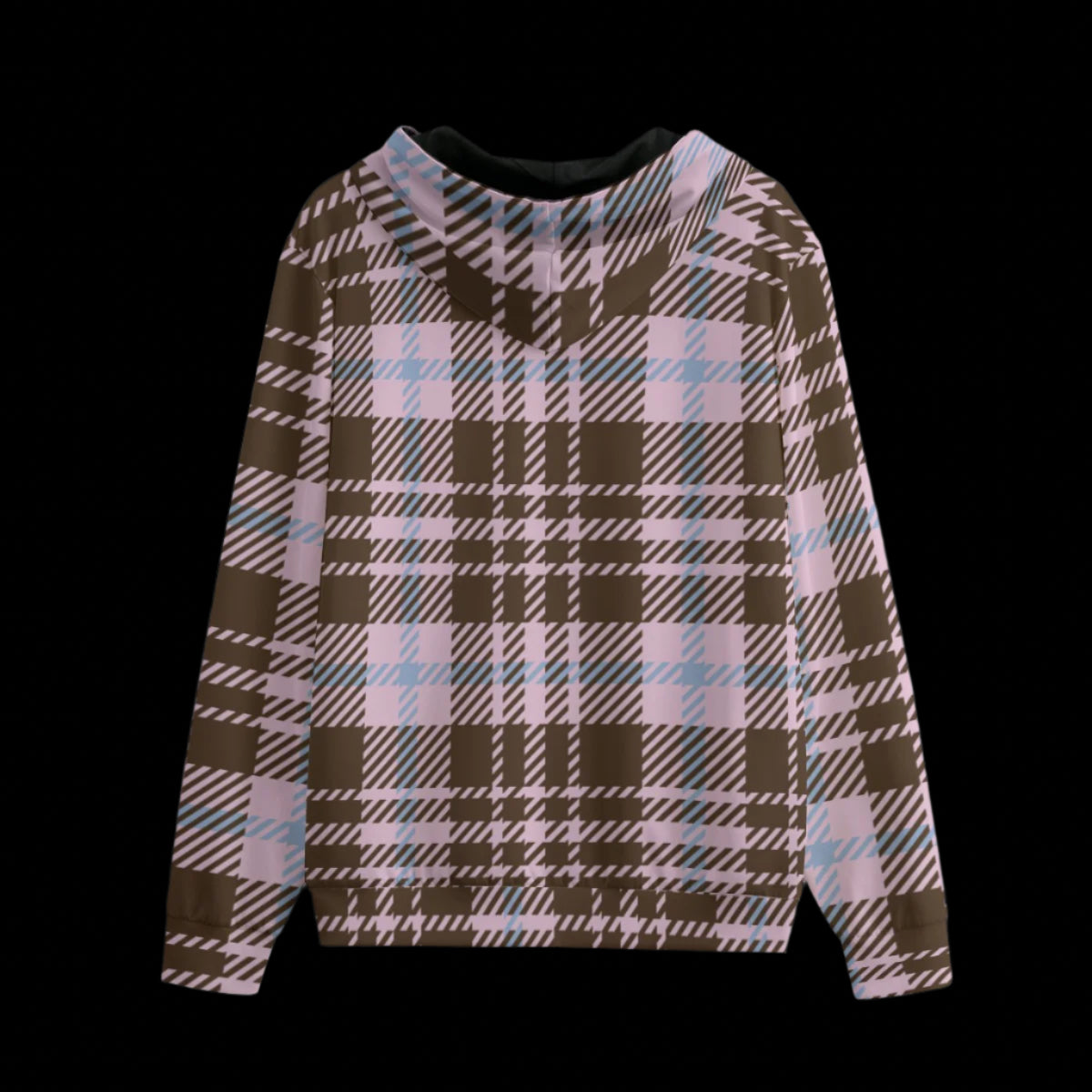 Back of plaid patterned hoodie on a black background