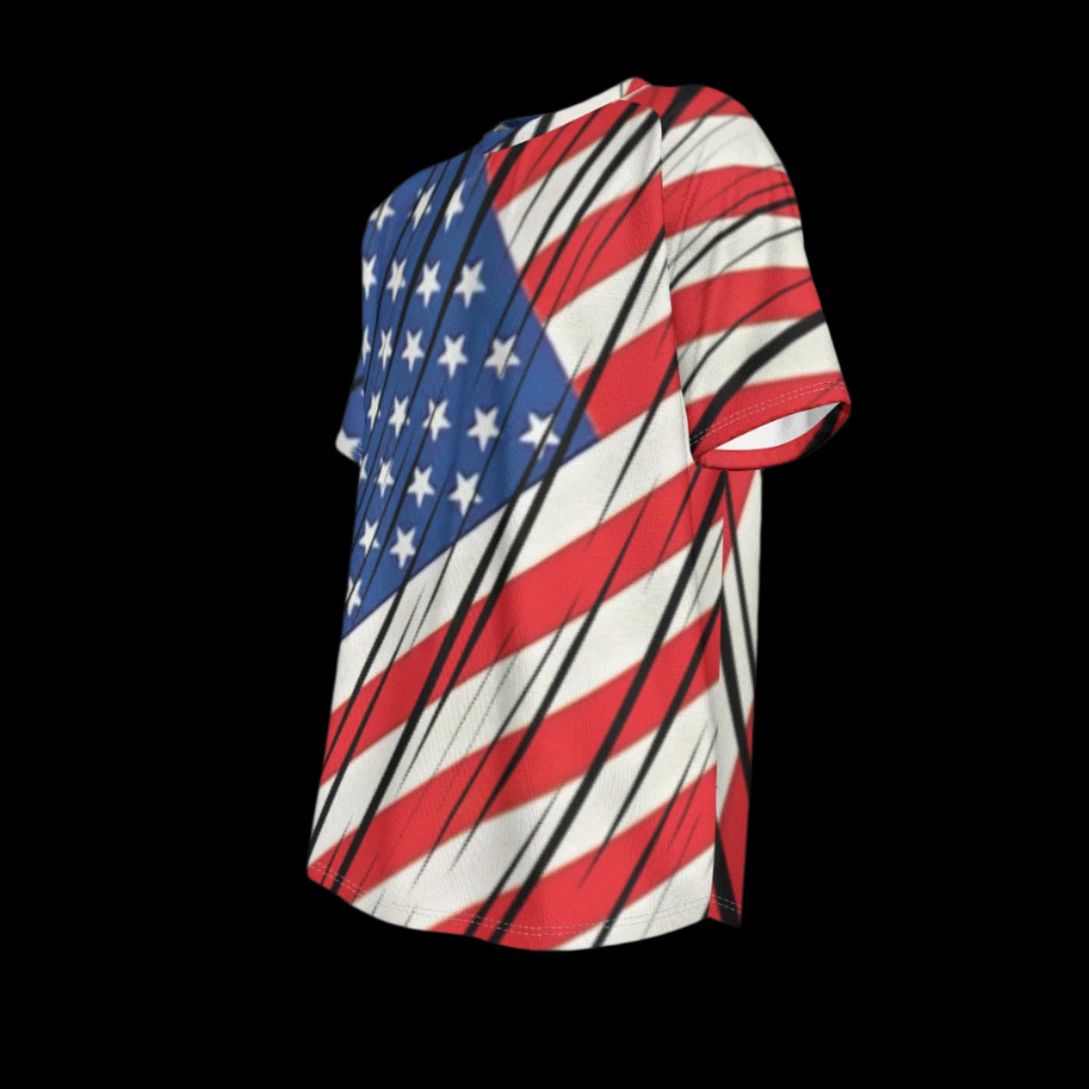 Left side of the American flag-themed t-shirts on a black background
