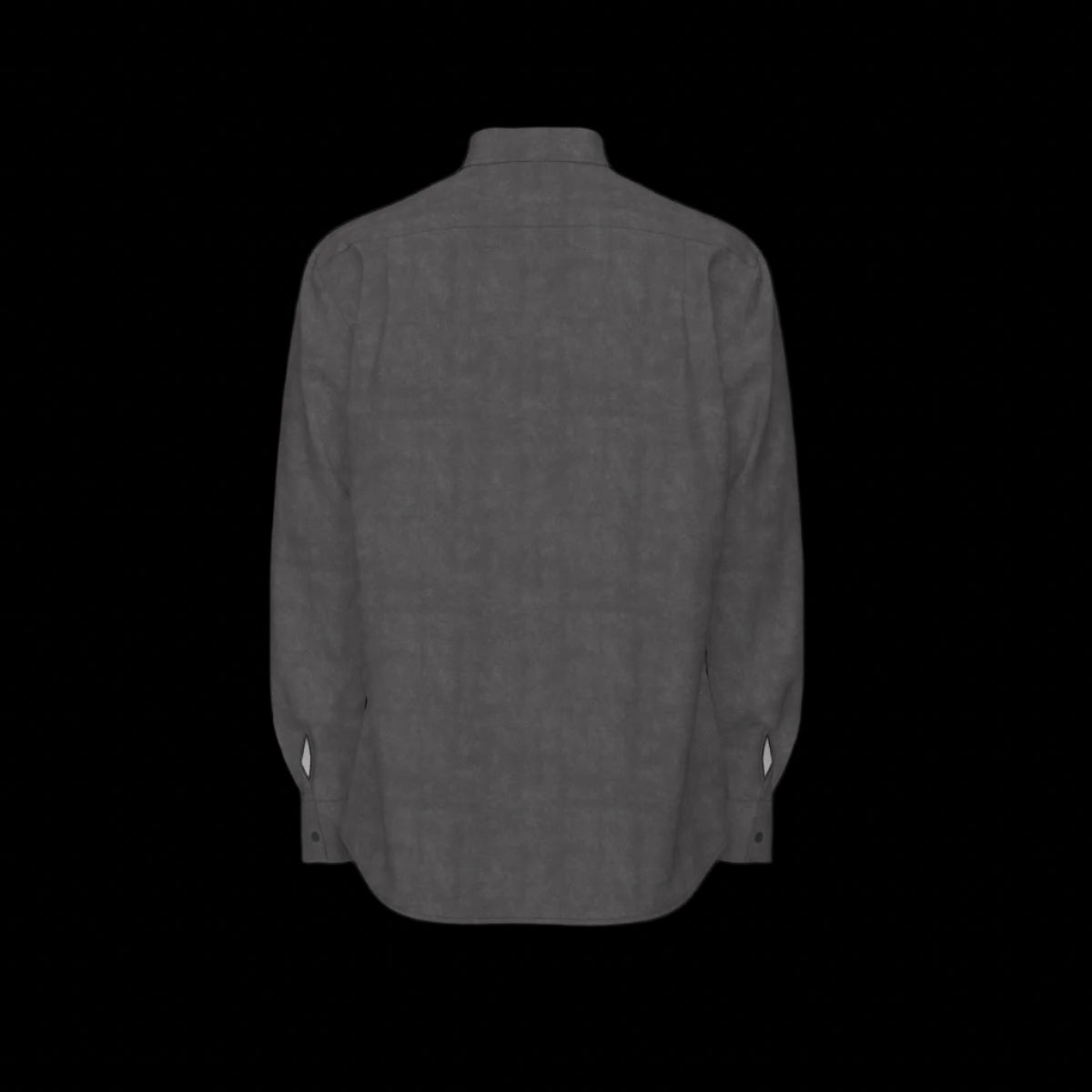 Back of a gray long sleeve men's shirt with a left chest pocket on a black background