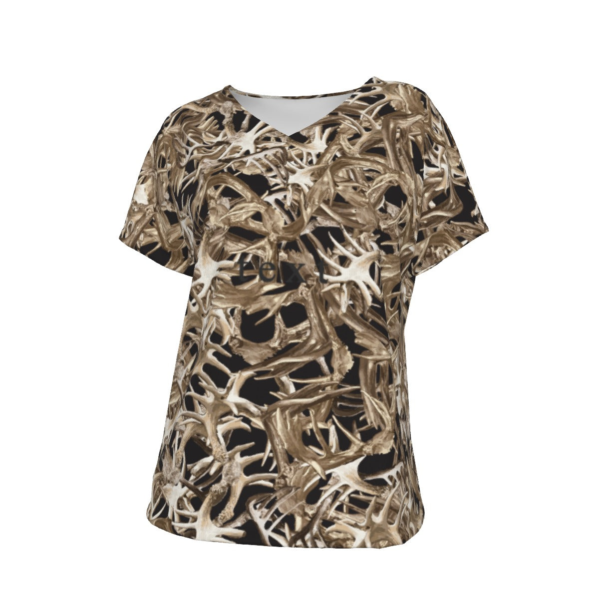 Women's V-Neck Short Sleeve T-shirt / Random Antler on Black Design