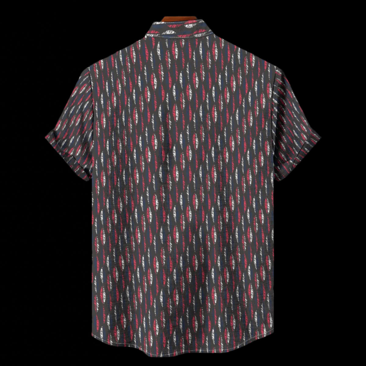 Back of a men's button down short sleeve stand collar shirt with an all-over geometric print, on a black background.