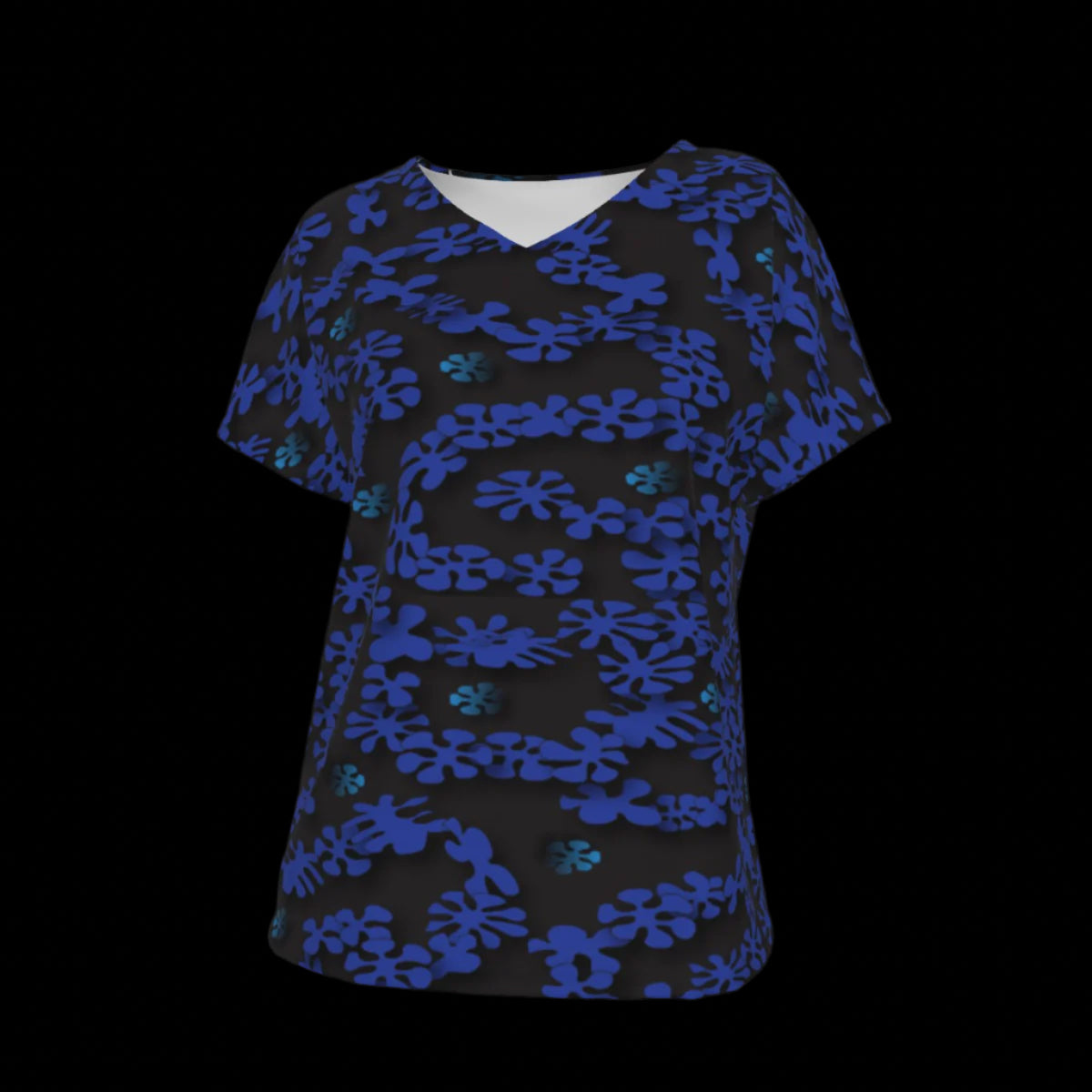 Front of black V-Neck T-Shirt with blue floral pattern on a black background