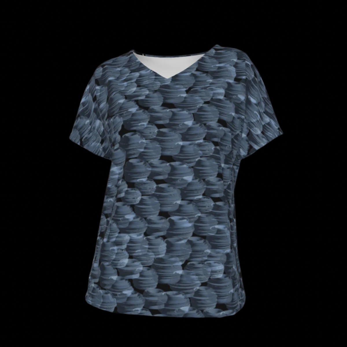 Front of blue patterned shirt on a black background