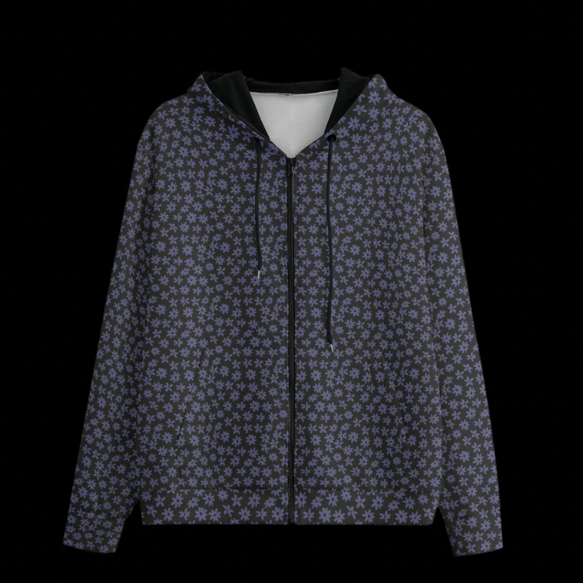 Front of black zipper floral patterned hoodie on black background