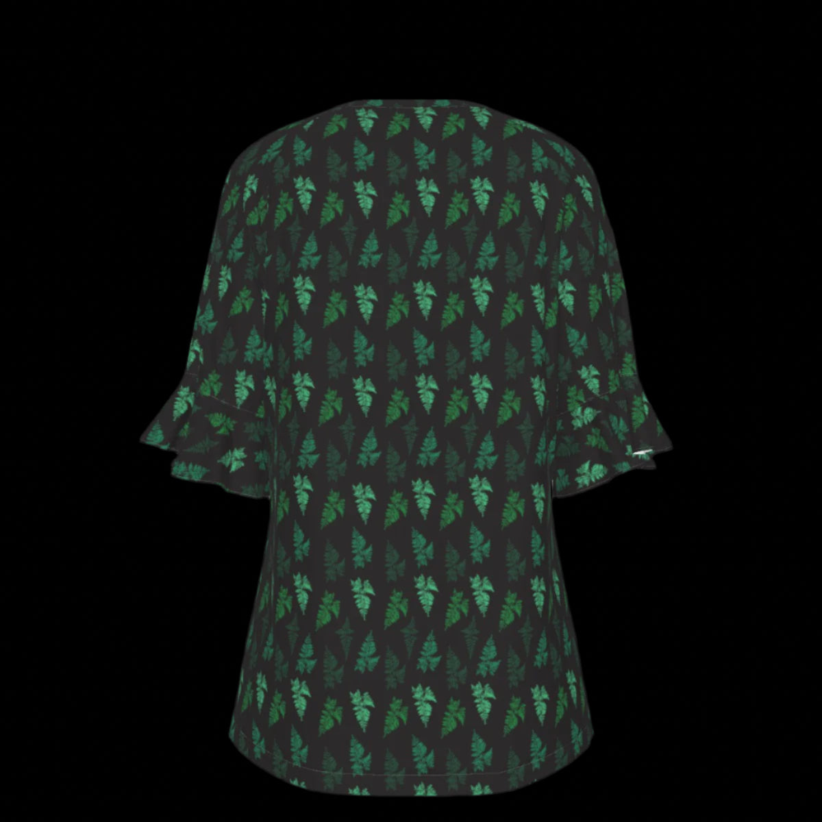 Back of green leaf patterned blouse on a black background