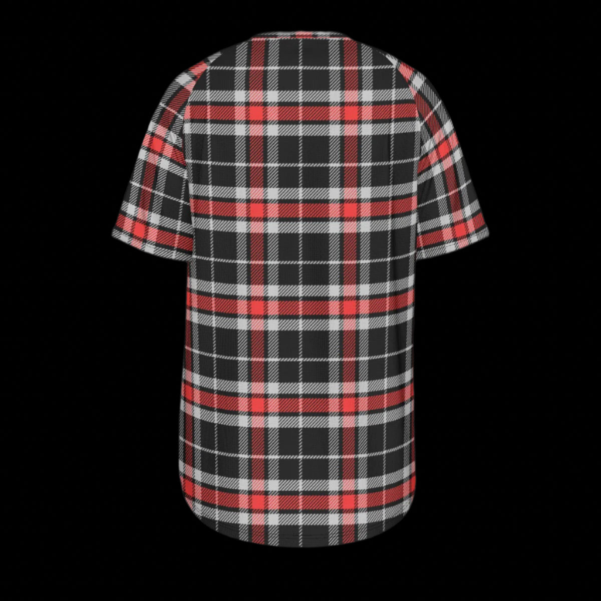 Back of plaid shirt with red, black, and white pattern on a black background
