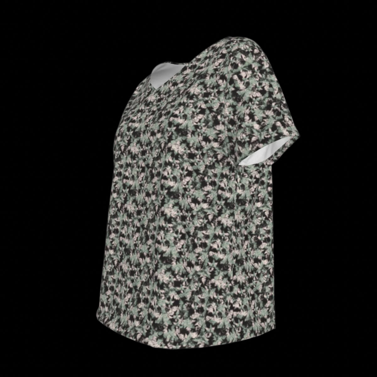 Front of floral patterned V-Neck T-shirt on a black background