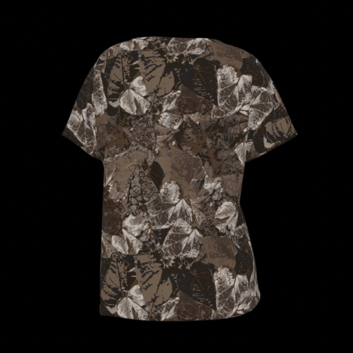 Back of brown and beige patterned V-Neck T-shirt on a black background