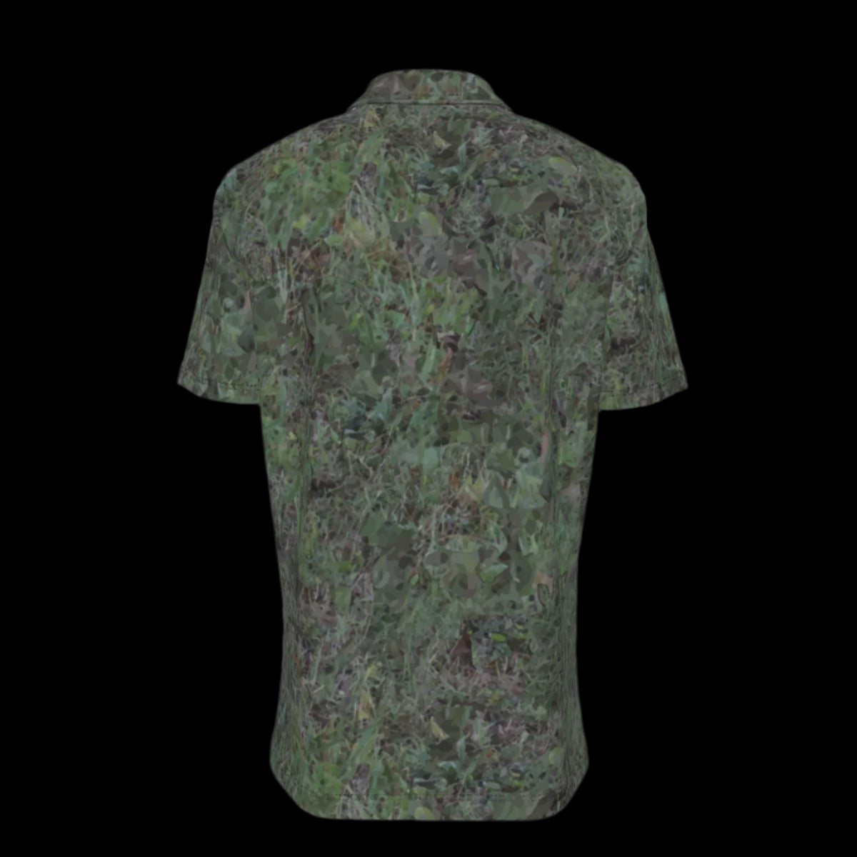 Back of green camouflage patterned shirt on a black background